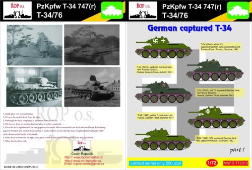 Przejdź do produktu ROPOS MNFDT72013 - 1:72 Pz.Kpfw T-34 747(r) - German captured T-34