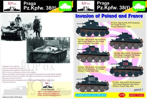Przejdź do produktu ROPOS MNFDT72001 - 1:72 Praga Pz.Kpfw. 38(t) - Invasion of Poland and France