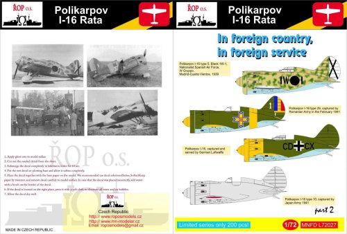 Przejdź do produktu ROPOS MNFDL72027 - 1:72 Polikarpov I-16 Rata - in foreign country, in foreign service
