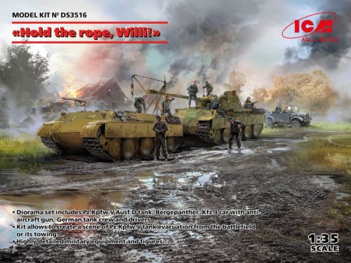 Przejdź do produktu ICM DS3516 - 1:35 Hold the rope, Willie! Pz.Kpfw.V Ausf.D Panther, Bergepanther, Kfz.4 car with AA gun, tank crew & drivers