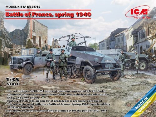 Przejdź do produktu ICM DS3515 - 1:35 Battle of France, spring 1940. German combat vehicles (Sd.Kfz.251/1 Ausf.A, Sd.Kfz.251/6 Ausf.A, le.gl.Einheitz-Pkw Kfz.2, German Drivers (1939-1945))