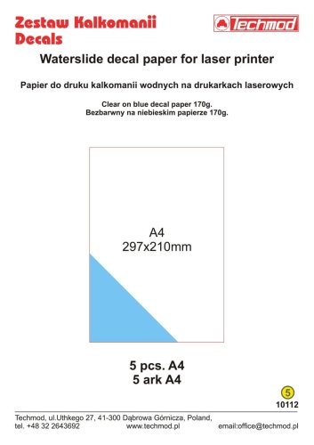 Przejdź do produktu Techmod 10112 - Arkusze do druku kalkomanii na drukarkach laserowych bezbarwne na niebieskim papierze A4 5 szt.