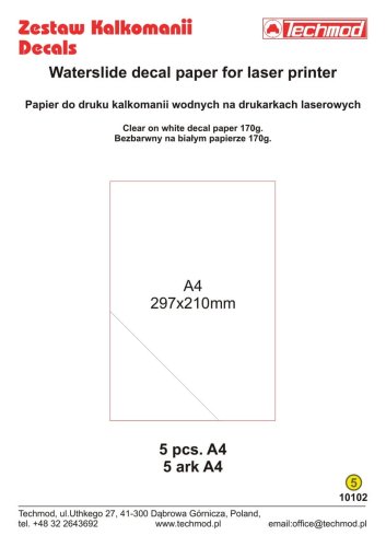 Przejdź do produktu Techmod 10102 - Arkusze do druku kalkomanii na drukarkach laserowych bezbarwne na białym papierze A4 5 szt.
