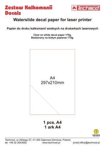 Przejdź do produktu Techmod 10101 - Arkusz do druku kalkomanii na drukarkach laserowych bezbarwny na białym papierze A4 1 szt.