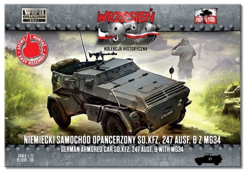 Przejdź do produktu First to Fight 101 - Wrzesień 1939 - 1:72 Niemiecki Samochód Opancerzony Sd.Kfz. 247 Ausf. B z MG34 - Gazetka w zestawie z modelem