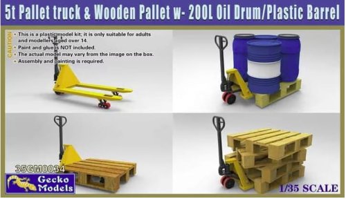 Przejdź do produktu Gecko Models 35GM0034 - 1:35 5t Pallet Truck & Wooden Pallet w-200L Oil Drum/Plastic Barrel