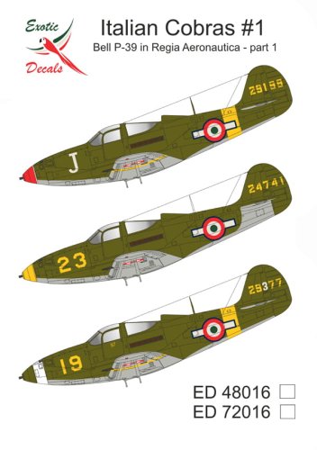 Przejdź do produktu Exotic Decals 48016 - 1:48 Italian Cobras #1 Bell P-39 in Regia Aeronautica - Part 1