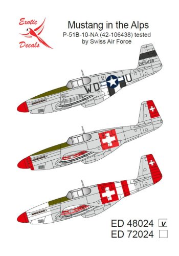 Przejdź do produktu Exotic Decals 48024 - 1:48 Mustang in The Alps P-51B-10-NA Tested by Swiss Air Force