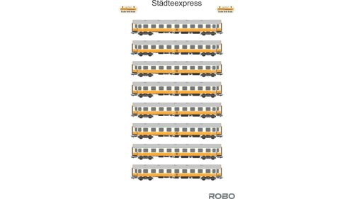 Przejdź do produktu Robo 200111 H0 - Zestaw 8 wagonów osobowych typu Y/B-70 Bautzen, ekspresu Städteexpress, DR, ep.IV z oświetleniem