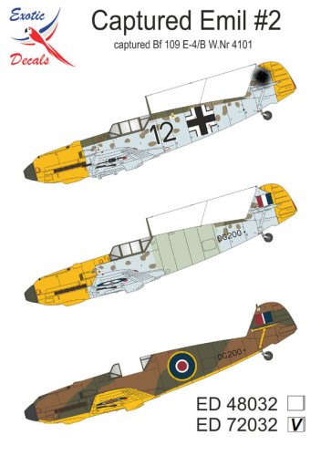 Przejdź do produktu Exotic Decals 72032 - 1:72 Captured Emil #2 Captured Bf 109 E-4/B W.Nr 4101