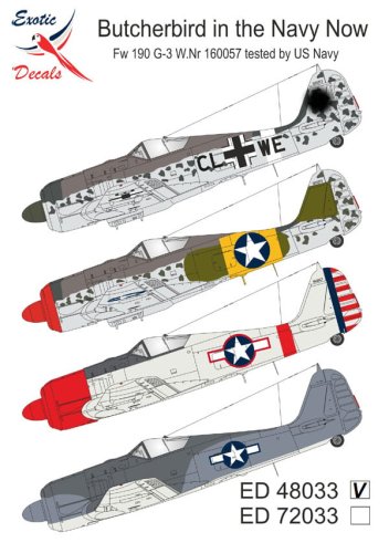 Przejdź do produktu Exotic Decals 48033 - 1:48 Butcherbird in the Navy Now Fw 190 G-3 W.Nr 160057 Tested by US Navy