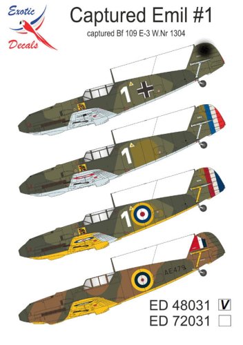 Przejdź do produktu Exotic Decals 48031 - 1:48 Captured Emil #1 Captured Bf 109 E-3 W.Nr 1304
