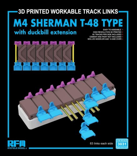 Przejdź do produktu Rye Field Model 3031 - 1:35 M4 Sherman T-48 Type w/ Duckbill Extension 3D Printed Workable Tracks