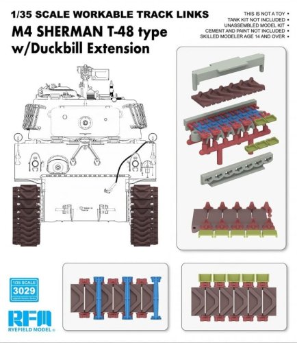Przejdź do produktu Rye Field Model 3029 - 1:35 M4 Sherman T-48 Type w/ Duckbill Extension Workable Tracks