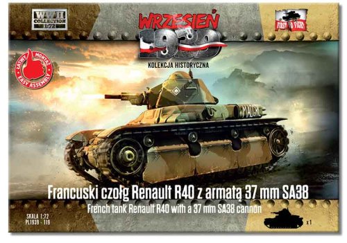 Przejdź do produktu First To Fight 119 - Wrzesień 1939 - 1:72 Francuski Czołg Renault R40 z Armatą 37 mm SA38 - Gazetka w zestawie z modelem