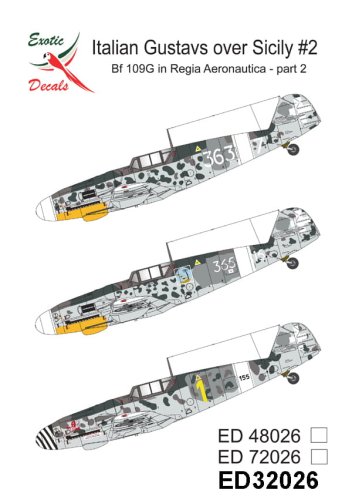 Przejdź do produktu Exotic Decals 32026 - 1:32 Italian Gustavs over Sicily #2 Bf 109G in Regia Aeronautica