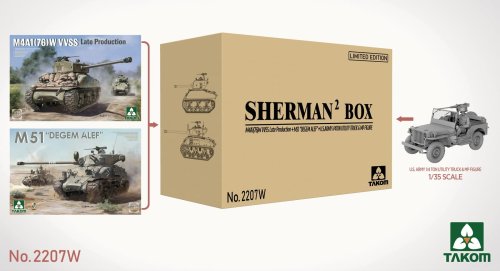 Przejdź do produktu Takom 2207W - 1:35 Sherman Box M4A1(76)W VVSS Late Production + M51 Degem Alef + US Army 1/4Ton Utility Truck & MP Figure