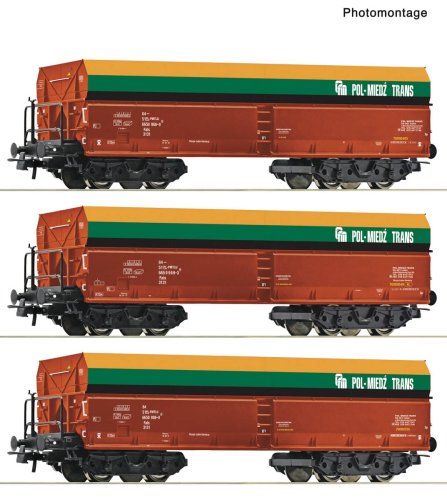 Przejdź do produktu Przedsprzedaż Roco 6600218 H0 - Zestaw 3 wagonów towarowych samowyładowczych typu Fals, Pol-Miedź Trans, ep.VI