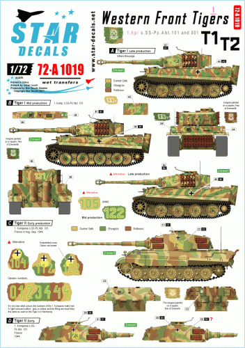 Przejdź do produktu STAR DECALS 72-A1019 - 1:72 Western Front Tigers # 1. 1. Komp./ s.SS.Pz-Abt. 101/501 Tiger I and Tiger II.