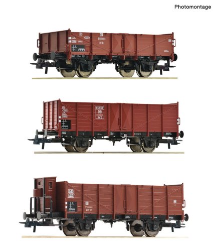 Przejdź do produktu Przedsprzedaż Roco 6600303 H0 - Zestaw 3 wagonów towarowych otwartych, DB, ep.III