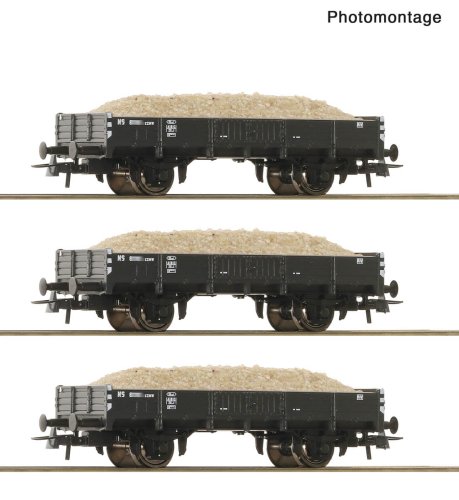 Przejdź do produktu Przedsprzedaż Roco 6600259 H0 - Zestaw 3 wagonów platform typu GZMK z ładunkiem piasku, NS, ep.III