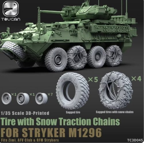 Przejdź do produktu Zimi Model Toucan TC3D045 - 1:35 3D Printed Tires with Snow Traction Chains for Stryker M1296