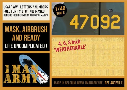 Przejdź do produktu 1 Man Army 48GEN711 - 1:48 USAAF WWII Letters / Numbers Full Font 4", 6", 8" 400 pcs