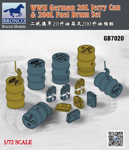 Przejdź do produktu BRONCO GB 7020 - 1:72 WWII German 20L Jerry Can & 200L Fuel Drum Set