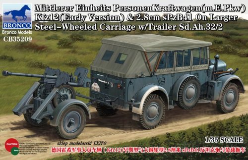 Przejdź do produktu BRONCO CB 35209 - 1:35 Mittlerer Einheits PersonenKraftwagen (m.E.Pkw) Kfz12 (Early Version) & 2.8cm sPzB41 On Larger Steel-Wheeled Carriage