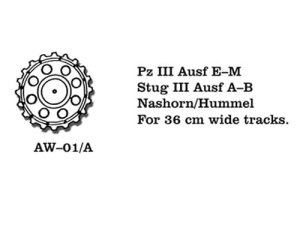 Friulmodel AW-01/A - 1:35 Metalowe koła napędowe Pz III Ausf E-M, Stug III Ausf A-B, Nashorn / Hummel do gąsienic szer. 36cm