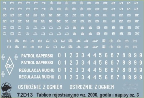 Przejdź do produktu TORO MODEL 72D13 - 1:72 Tablice rejestracyjne wz.2000, godła i napisy eksploatacyjne pojazdów Wojska Polskiego cz.3