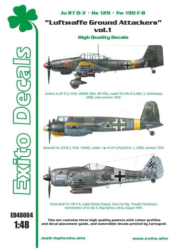Przejdź do produktu EXITO DECALS ED48004 - 1:48 Luftwaffe Ground Attackers vol.1 - Ju 87 D-3, Hs 129, Fw 190F-8