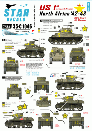 Przejdź do produktu STAR DECALS 35-C1046 - 1:35 US in North Africa # 2. 1st Armored Division M4 Sherman, M3 Stuart.